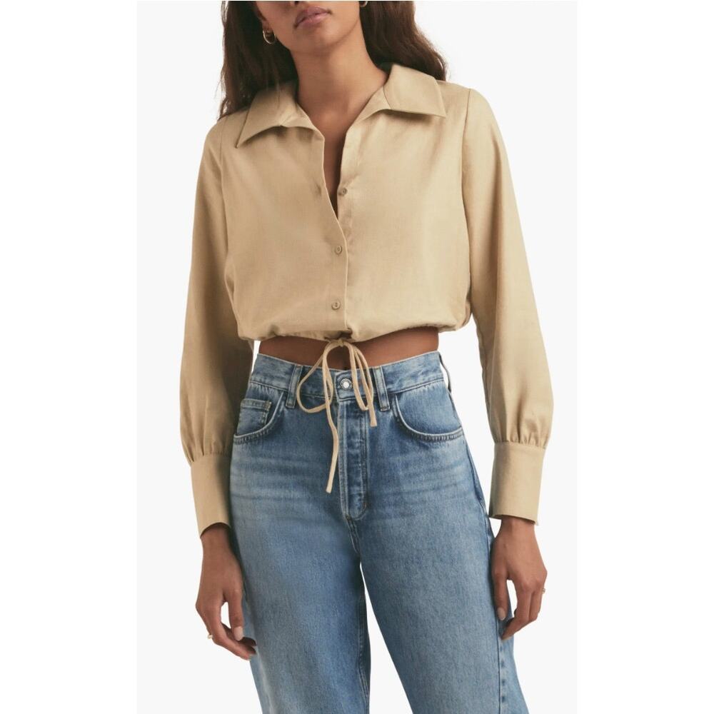 Favorite Daughter The Parker Linen Blend Button Front Collared Drawstring Top